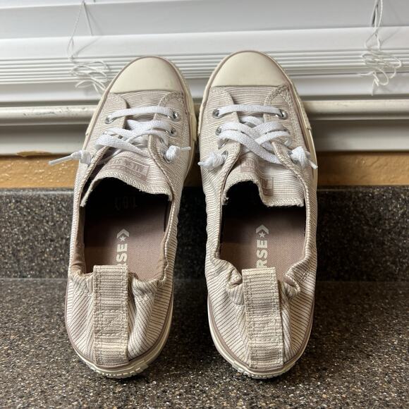Converse All Star Slip On Beige Pinstriped Canvas Shoes Womens Sz 9 Stretch Back - Picture 4 of 11